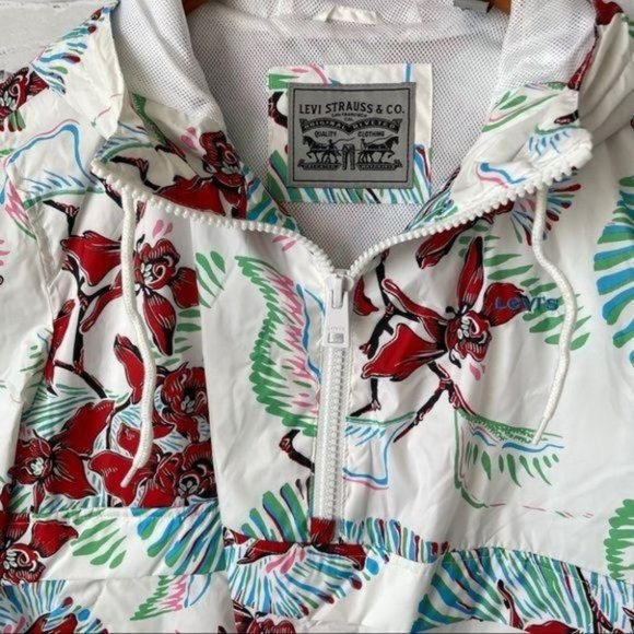 Levi's Floral Print Cropped Windbreaker Hoodie Size XL Jacket Pullover Retro - Picture 3 of 10